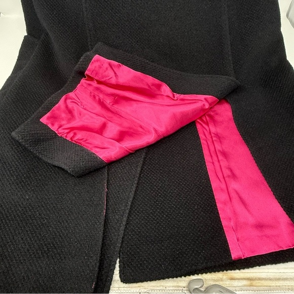 Talbots Black Wool Coat Size 14 Textured Double Breasted Long Pink Satin Lining - Picture 14 of 16